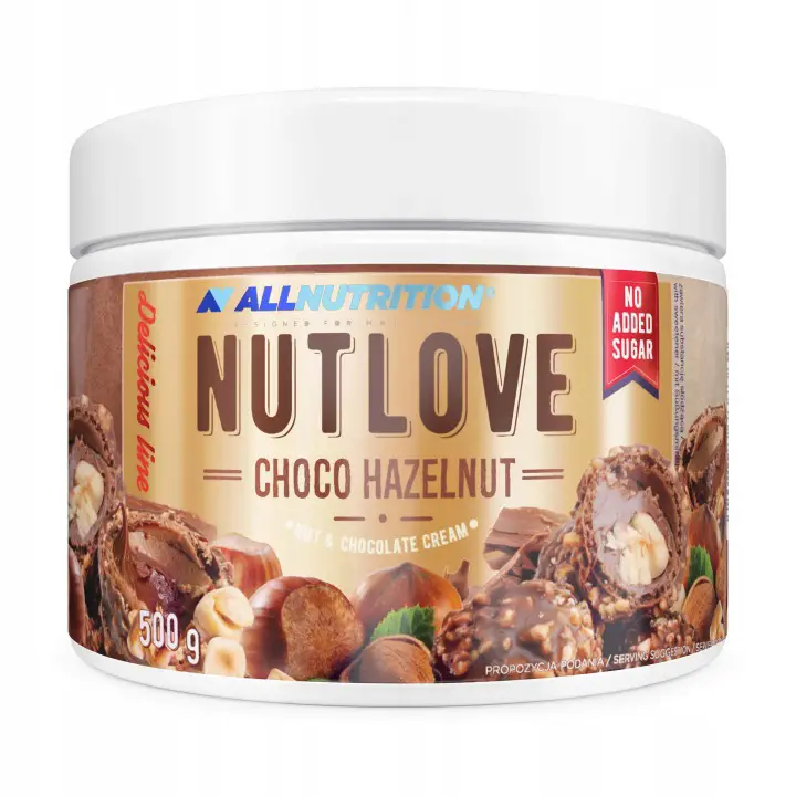 Allnutrition Nutlove Choco Hazelnut 500 g – Schokoladencreme mit Haselnussstückchen, ohne Zuckerzusatz und ohne Palmöl.