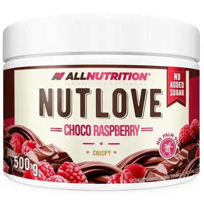 Allnutrition Nutlove Choco Raspberry Crispy 500 g – Schokoladen-Himbeer-Creme mit gefriergetrockneten Himbeeren, ohne Zuckerzusatz.