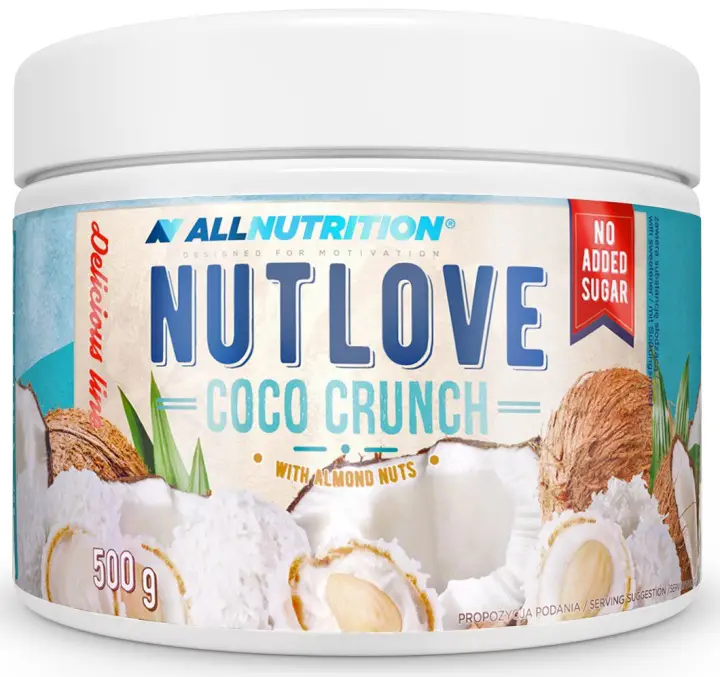 Allnutrition Nutlove Coco Crunch 500 g – cremige Kokoscreme mit Mandeln ohne Zuckerzusatz und ohne Palmöl.