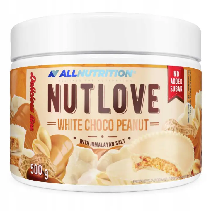 Allnutrition Nutlove White Choco Peanut 500 g – weiße Schokoladencreme mit Erdnüssen, ohne Zuckerzusatz und ohne Palmöl.