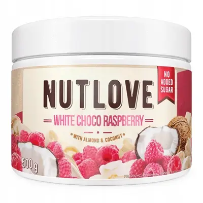 Allnutrition Nutlove White Choco Raspberry 500 g – weiße Schokoladencreme mit Himbeeren, Kokos und Mandeln ohne Zuckerzusatz.