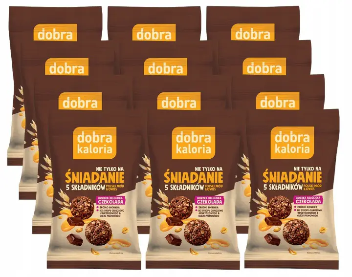Dobra Kaloria Frühstückskugeln mit belgischer Zartbitterschokolade 12x40 g – knuspriger Hafer-Snack mit Honig