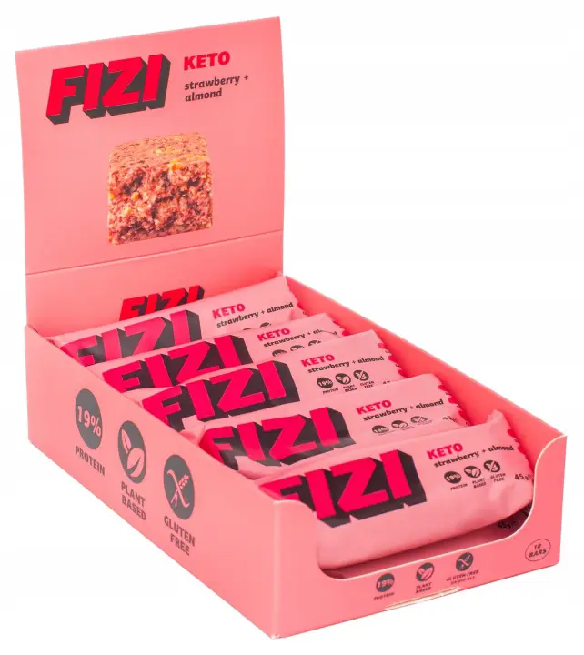 FIZI Keto Proteinriegel Strawberry + Almond 10 x 45 g – veganer Mandel-Erdbeer-Riegel mit pflanzlichem Protein