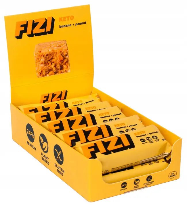 FIZI Keto Proteinriegel Banana + Peanut 10 x 45 g – veganer Erdnuss-Bananen-Riegel mit pflanzlichem Protein