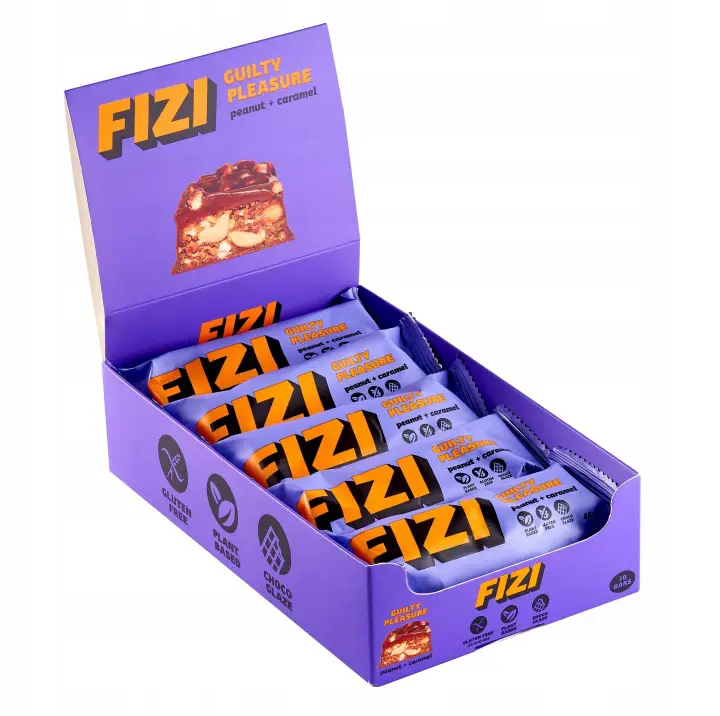 FIZI Peanut + Caramel 10 x 45 g – veganer Schokoriegel mit Erdnüssen und Karamellfüllung ohne Zuckerzusatz