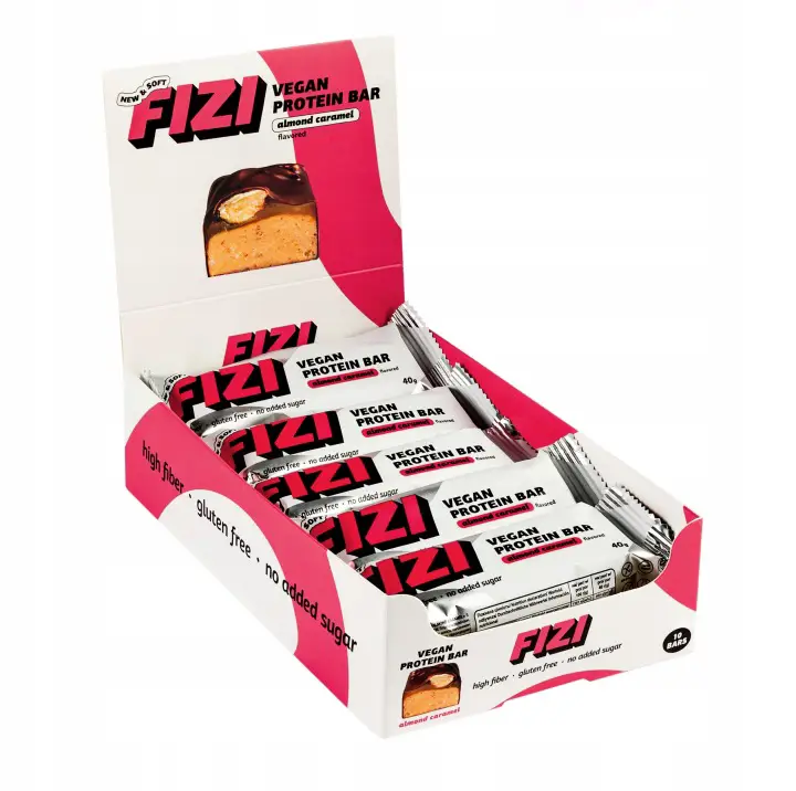 FIZI Almond Caramel Proteinriegel 10 x 40 g – veganer Eiweißriegel mit Mandeln und Karamell ohne Zuckerzusatz