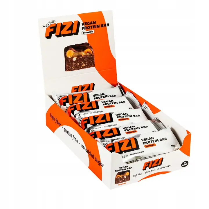 FIZI Brownie Proteinriegel 10 x 40 g – veganer Schokoladenriegel mit pflanzlichem Protein und ohne Zuckerzusatz