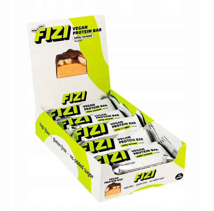 FIZI Nutty Caramel Proteinriegel 10 x 40 g – veganer Nuss-Karamell-Riegel mit pflanzlichem Protein