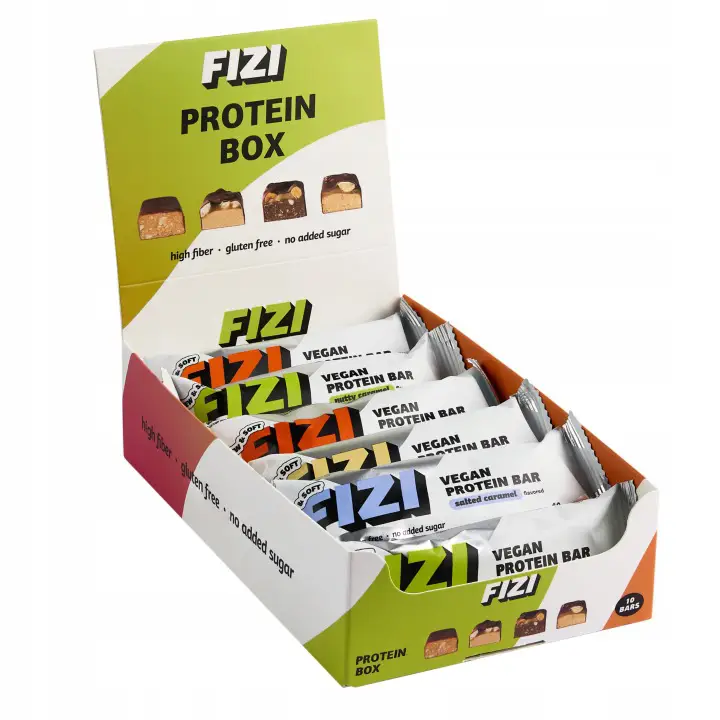 FIZI Protein Box mit 10 veganen Proteinriegeln in verschiedenen Geschmacksrichtungen