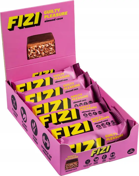 FIZI Almond Coco 10 x 40 g – veganer Kokos-Mandel-Riegel mit Schokoladenüberzug ohne Zuckerzusatz
