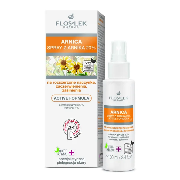 Floslek Arnika-Spray 20 % 100 ml mit Arnika und Panthenol für empfindliche Haut mit Rötungen und erweiterten Äderchen.