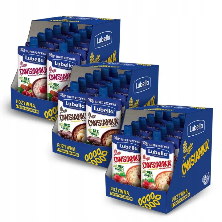 Lubella Haferbrei Mix 36 x 100 g mit Kakao-Banane, Erdbeere-Banane und Himbeere-Datteln ohne Zuckerzusatz