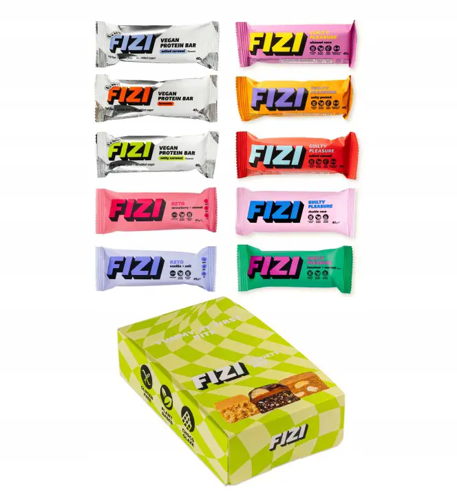 FIZI Variety Box mit 10 veganen Riegeln – Mix aus Protein-, Keto- und Guilty-Pleasure-Riegeln