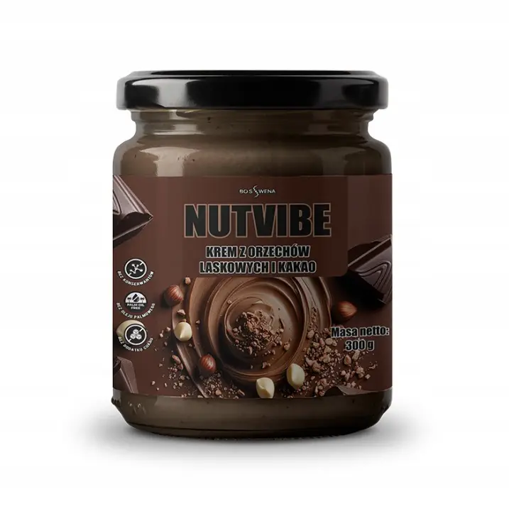 NUTVIBE Schoko-Haselnusscreme Crunchy 300 g ohne Zuckerzusatz mit knusprigen Haselnussstückchen.