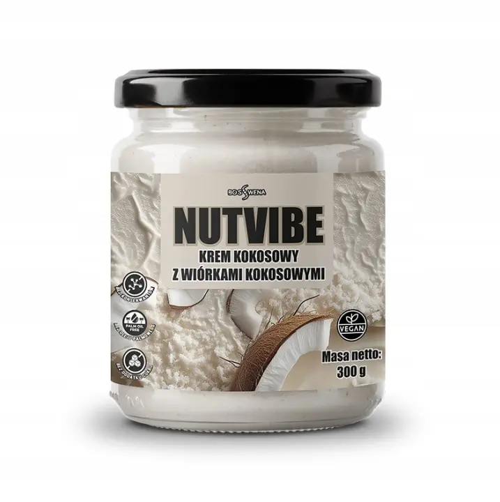 NUTVIBE Kokoscreme mit Kokosraspeln 300 g – veganer Kokosaufstrich ohne Zuckerzusatz.