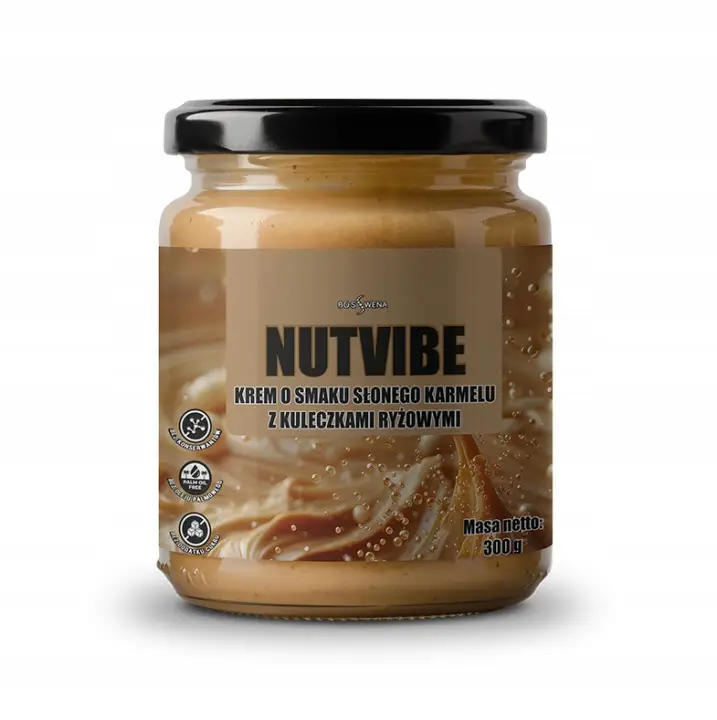 NUTVIBE Salted Caramel Creme mit Reis-Crispies 300 g ohne Zuckerzusatz und Palmöl.