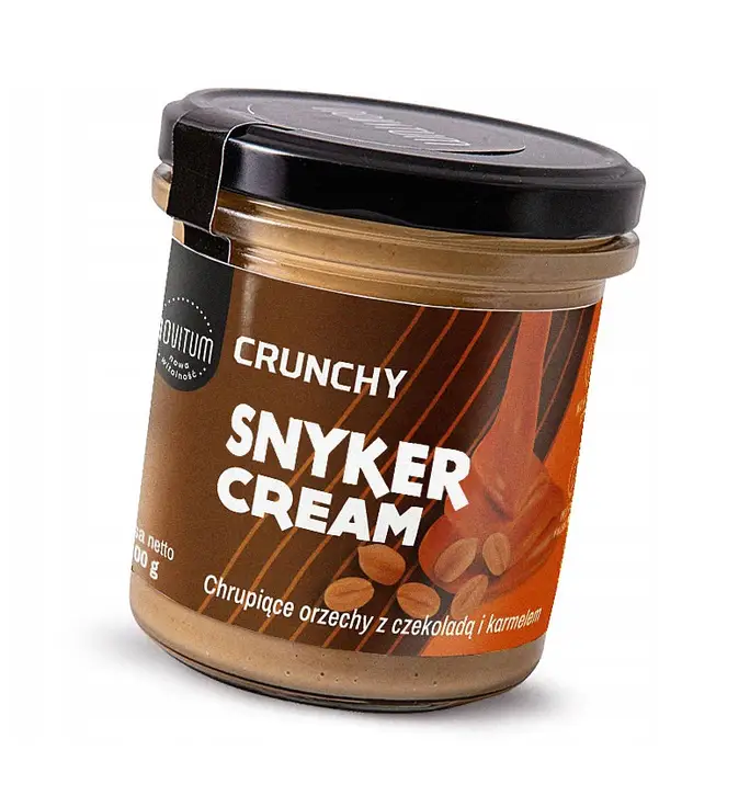 Snyker Cream Crunchy Erdnusscreme 300 g ohne Zuckerzusatz mit Schoko- und Karamellgeschmack.