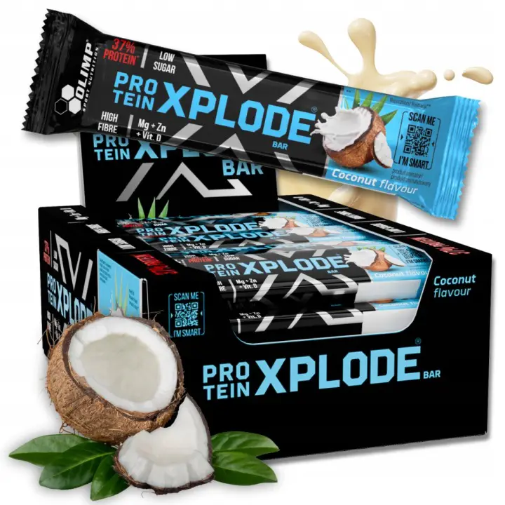 Olimp Protein Xplode Bar Kokos 25x40 g mit weißer Schokolade und Kokosraspeln – proteinreicher Fitnessriegel