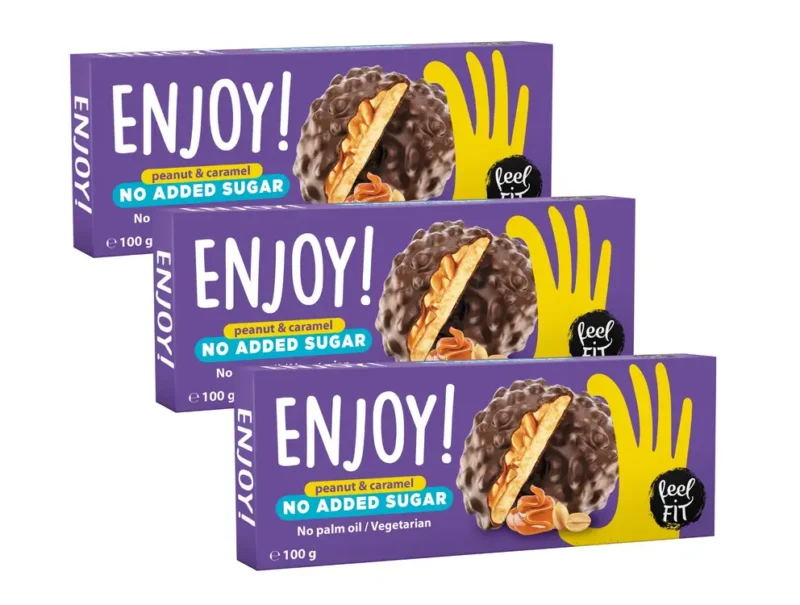 Feel FIT Enjoy Peanut & Caramel Kekse mit Erdnüssen, Karamellfüllung und Milchschokolade ohne Zuckerzusatz