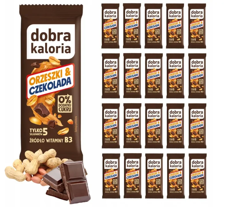 Dobra Kaloria Erdnuss Schokolade Riegel ohne Zuckerzusatz im 20er Set mit Datteln und Erdnüssen
