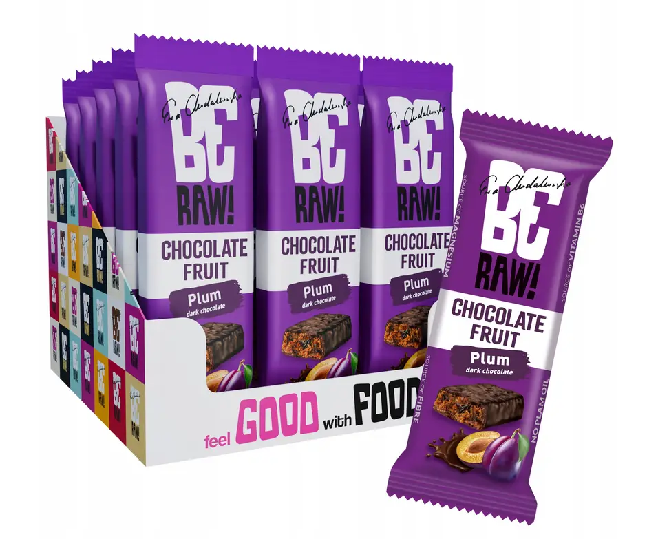 BeRAW Energy Riegel Plum Chocolate mit Pflaumen und Zartbitterschokolade als veganer Energieriegel