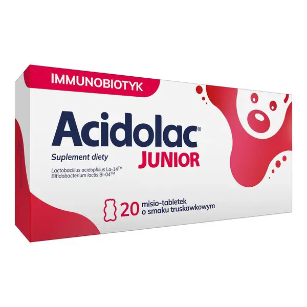Acidolac Junior Bärchen-Lutschtabletten mit Erdbeergeschmack, Probiotika, FOS und Vitamin B6 – 20 Stück.