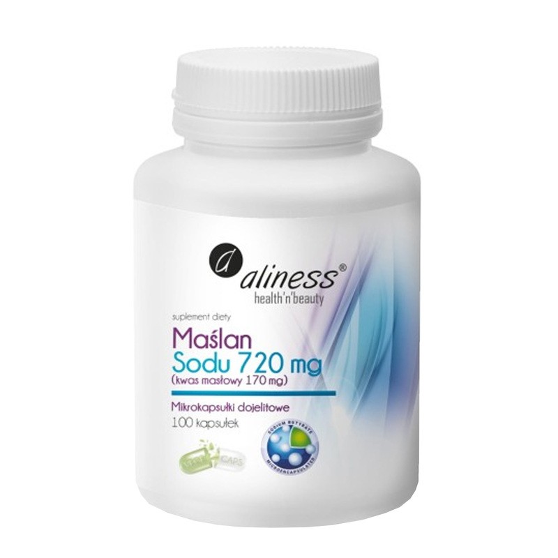 Aliness Natriumbutyrat 720 mg – 100 Kapseln mit magensaftresistenten Mikrokapseln zur Unterstützung von Darmgesundheit und Verdauung.