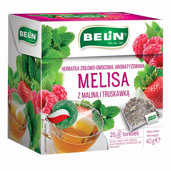 Belin Melisse mit Himbeere und Erdbeere – aromatisierter Kräuter- und Früchtetee in 20 Pyramidenbeuteln für entspannte Genussmomente.