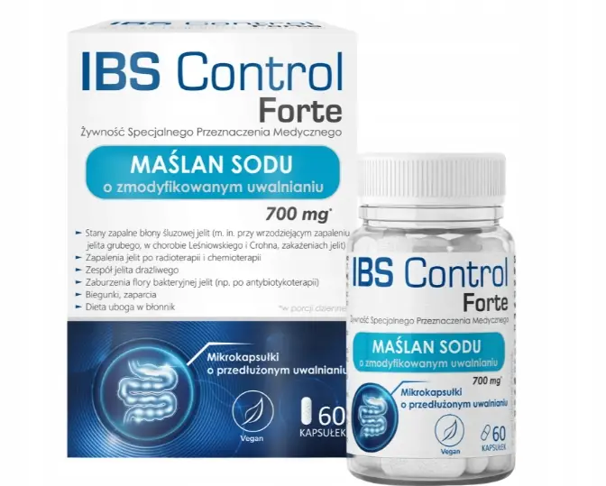 DOMOWA APTECZKA IBS Control Forte 60 Kapseln mit mikroverkapseltem Natriumbutyrat für das Diätmanagement bei Reizdarmsyndrom.