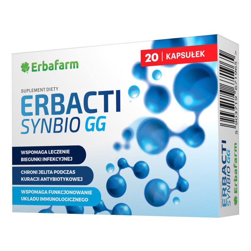 Erbacti Synbio GG 20 Kapseln mit Lactobacillus rhamnosus GG und Inulin zur Unterstützung einer gesunden Darmflora.