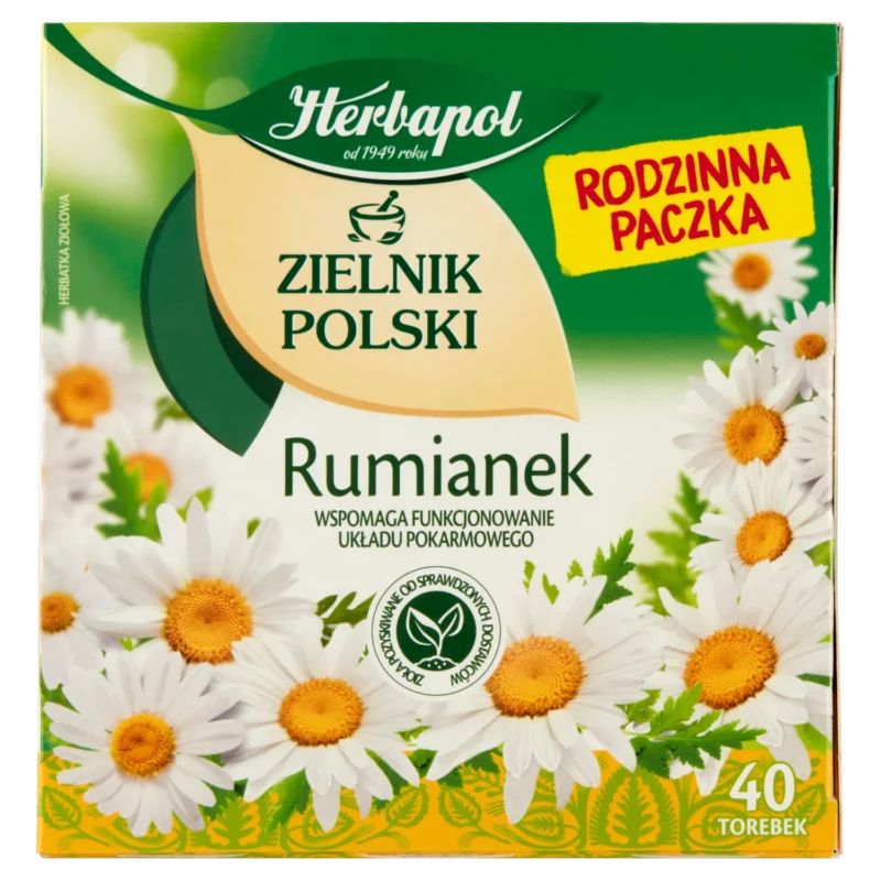 Herbapol Zielnik Polski Kamille – Kräutertee aus 100 % Kamillenblüten in 40 Filterbeuteln für einen aromatischen Aufguss.