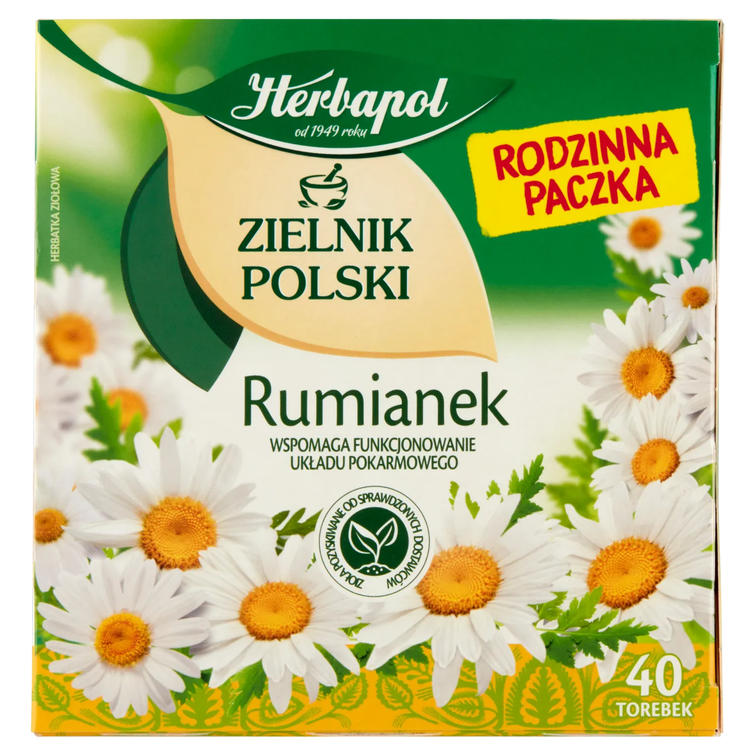 Herbapol Zielnik Polski Kamille – Kräutertee aus 100 % Kamillenblüten in 40 Filterbeuteln für einen aromatischen Aufguss.