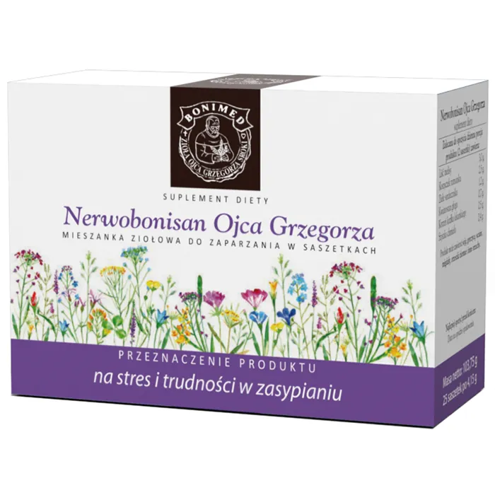 Nerwobonisan Kräutermischung von Pater Grzegorz mit Melisse, Baldrian und Hopfen – 25 Filterbeutel.