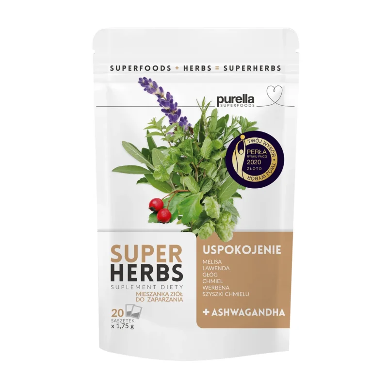 Purella Superherbs Beruhigende Kräutermischung – Kräutertee mit Melisse, Lavendel und Ashwagandha, 20 Filterbeutel à 1,75 g.