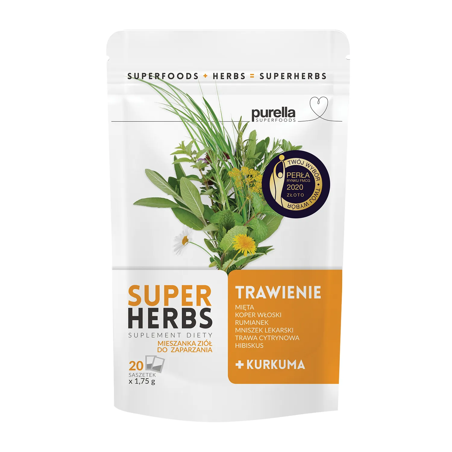 Purella Superherbs Kräutermischung für die Verdauung – Kräutertee mit Pfefferminze, Fenchel und Kamille, 20 Filterbeutel à 1,75 g.