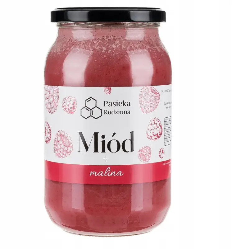 Cremiger Mehrblütenhonig mit gefriergetrockneten Himbeeren 1150 g aus Familienimkerei – natürlicher Honig aus Polen.