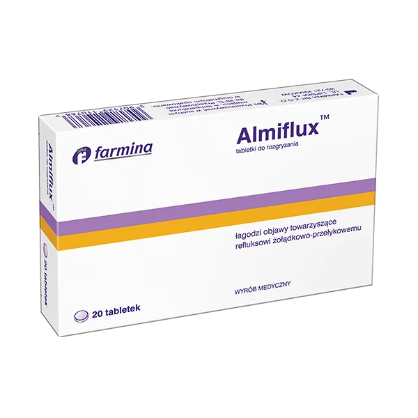 Almiflux Kautabletten – Medizinprodukt gegen Reflux und Sodbrennen, 20 Tabletten.
