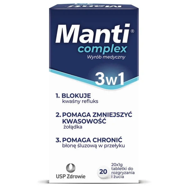 Manti Complex Kautabletten – Medizinprodukt gegen Reflux und Sodbrennen, 20 Tabletten.