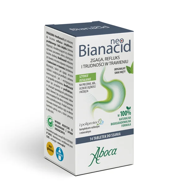 NeoBianacid Tabletten mit Minzgeschmack – Medizinprodukt gegen Reflux und Sodbrennen, 14 Lutschtabletten.